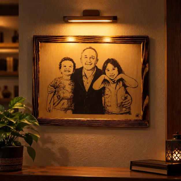 Quadro personalizado em madeira com retrato pirografado