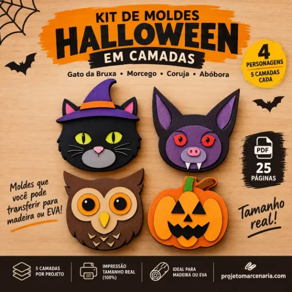 Kit de Moldes Halloween em Camadas com gato, morcego, coruja e abóbora