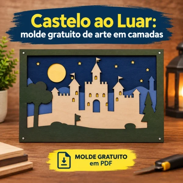 Quadro de arte em camadas medieval Castelo ao Luar, com castelo, torres e lua cheia