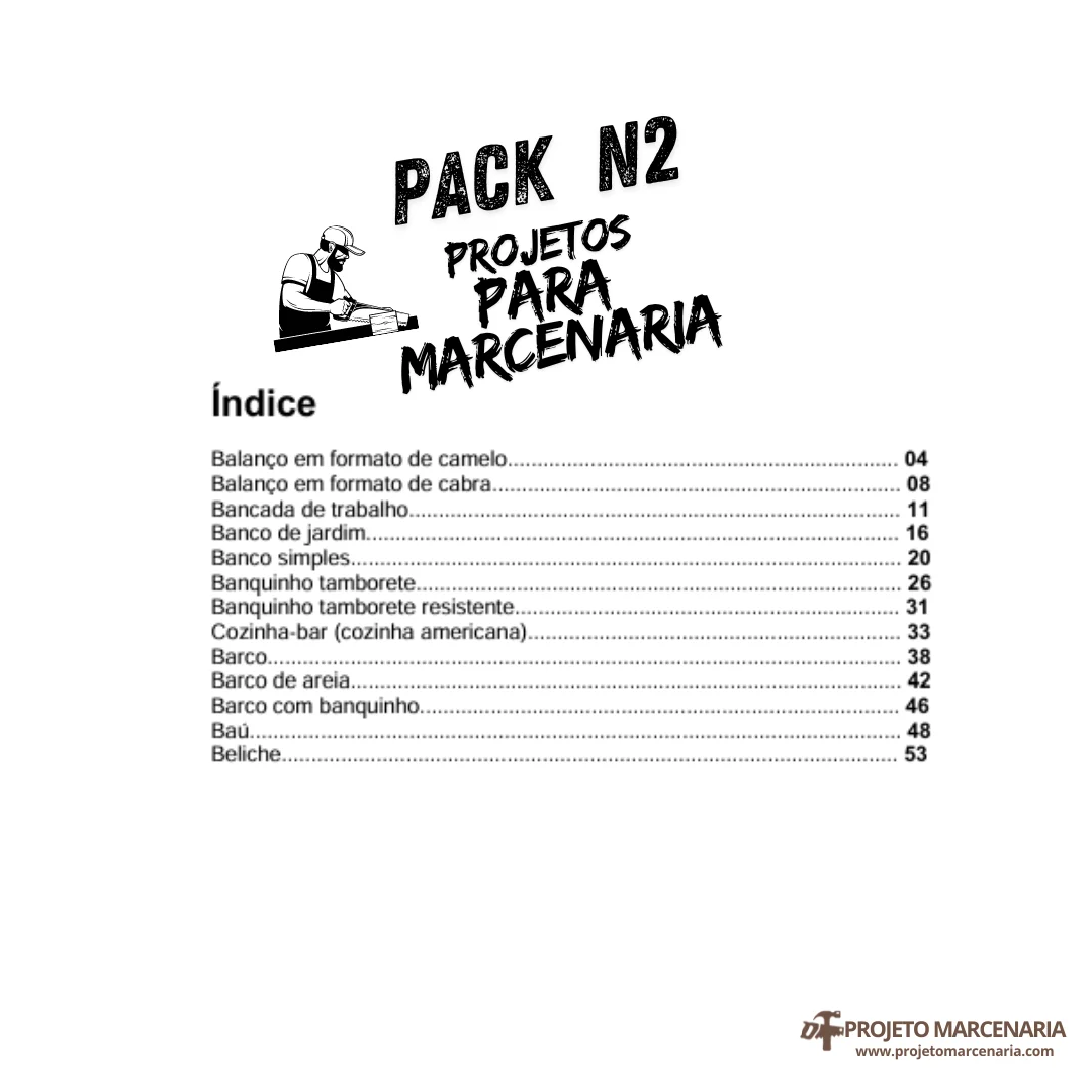 Índice do Pack 2 – 13 projetos de marcenaria em PDF com medidas e planos de corte