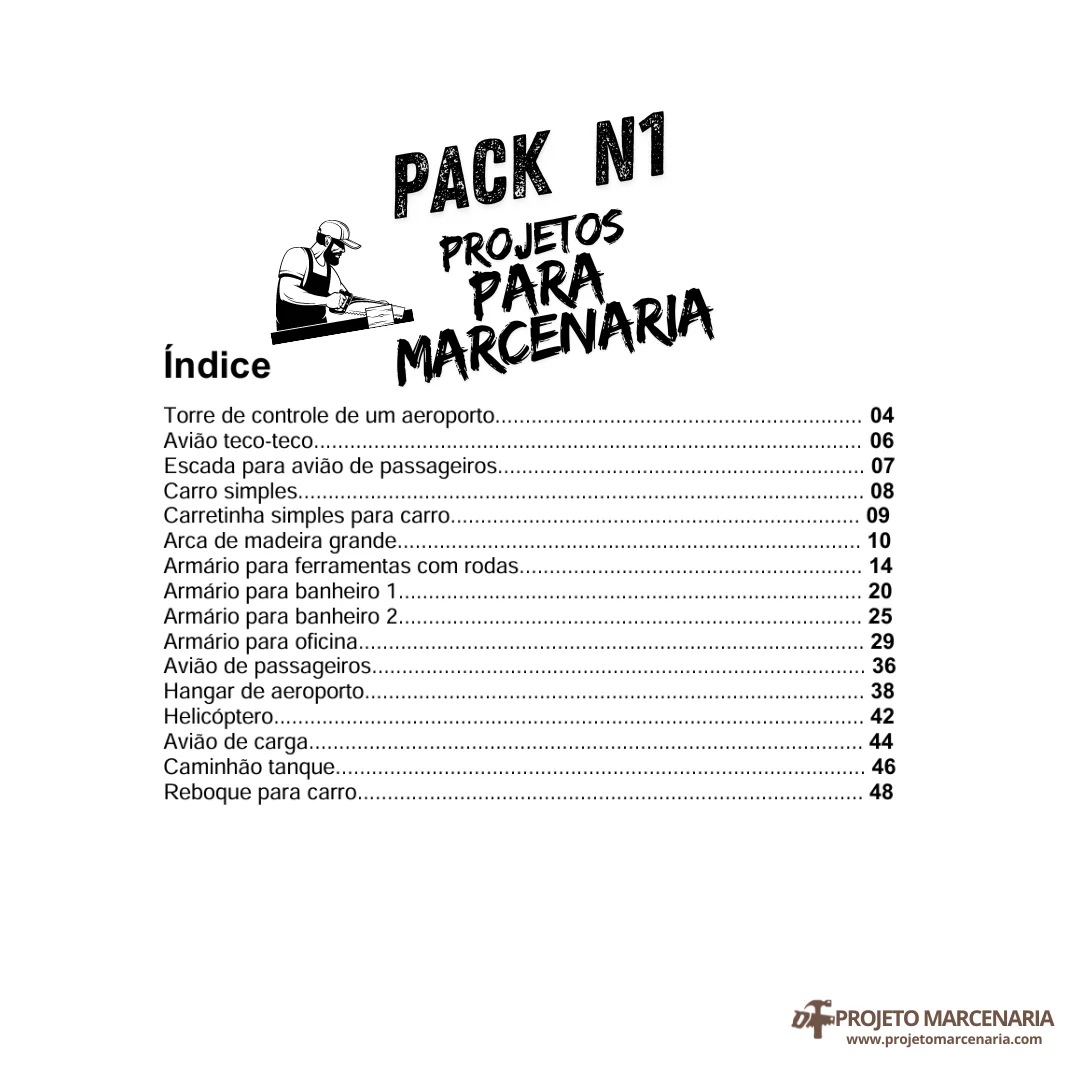Índice do Pack 1 – 16 projetos de marcenaria em PDF com medidas e planos de corte