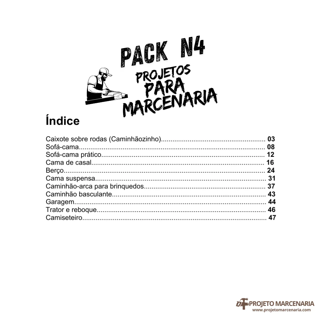Índice do Pack 4 – 11 projetos de marcenaria em PDF com medidas e planos de corte