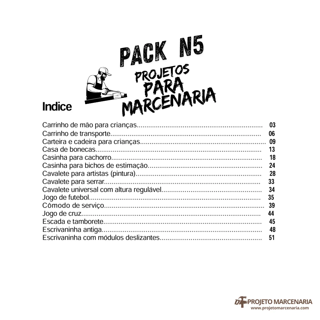 Índice do Pack 5 – 15 projetos de marcenaria em PDF com medidas e planos de corte