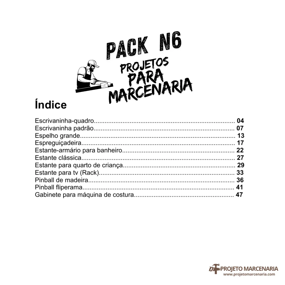 Índice do Pack 6 – 11 projetos de marcenaria em PDF com medidas e planos de corte