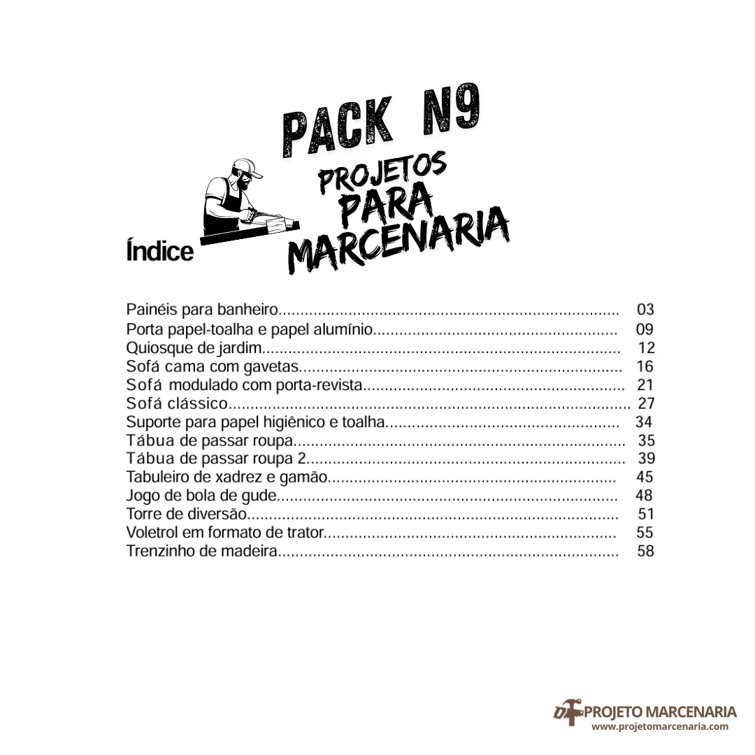 Índice do Pack 9 – 14 projetos de marcenaria em PDF com medidas e planos de corte