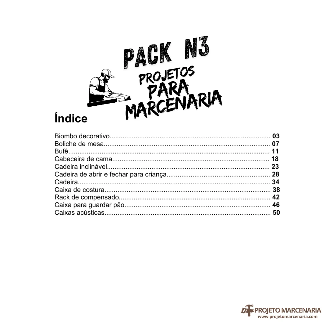 Índice do Pack 3 – 11 projetos de marcenaria em PDF com medidas e planos de corte